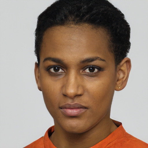 Neutral black young-adult female with short  brown hair and brown eyes