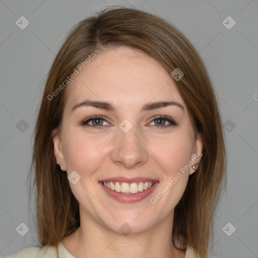 Joyful white young-adult female with medium  brown hair and grey eyes