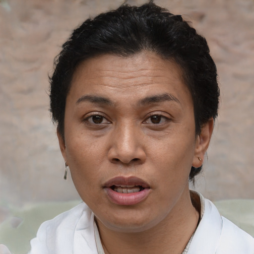 Joyful asian adult female with short  brown hair and brown eyes