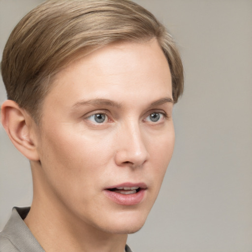 Neutral white young-adult female with short  brown hair and grey eyes