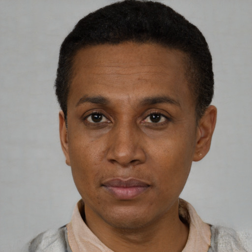 Neutral black adult male with short  black hair and brown eyes