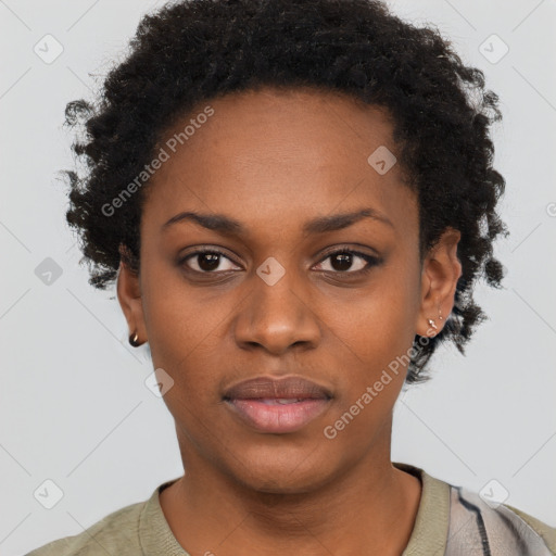 Neutral black young-adult female with short  black hair and brown eyes