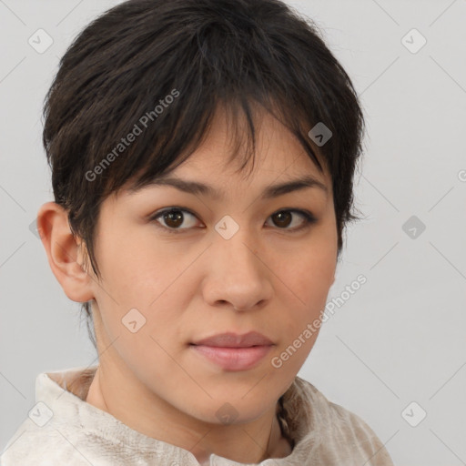 Neutral white young-adult female with short  brown hair and brown eyes