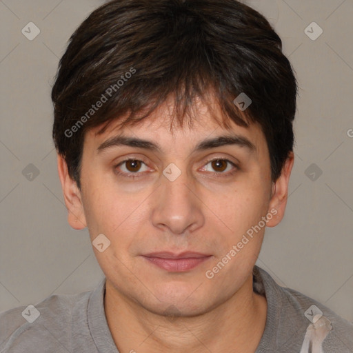 Neutral white young-adult male with short  brown hair and brown eyes