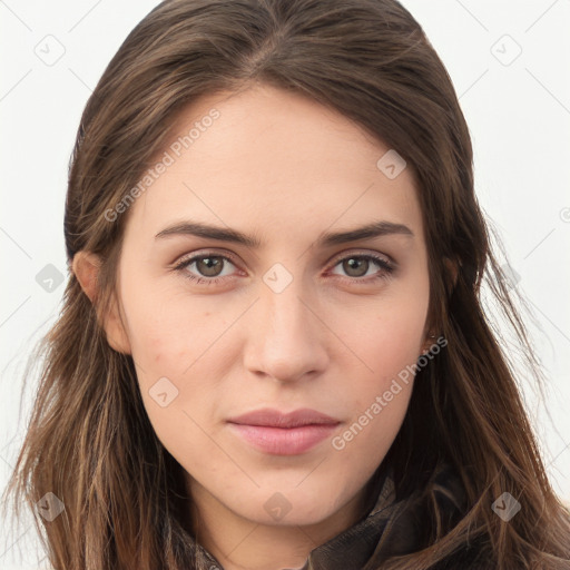 Neutral white young-adult female with long  brown hair and brown eyes