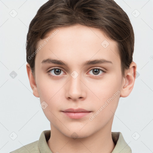 Neutral white young-adult female with short  brown hair and brown eyes