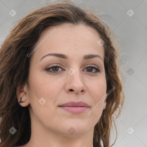 Joyful white young-adult female with medium  brown hair and green eyes