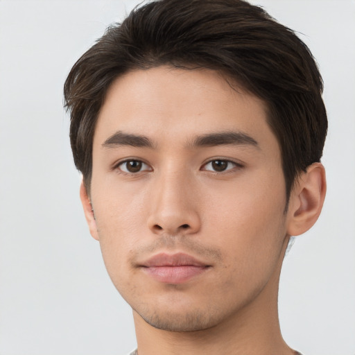 Neutral asian young-adult male with short  brown hair and brown eyes