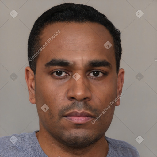Neutral latino young-adult male with short  black hair and brown eyes