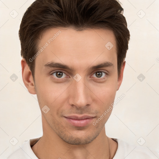 Neutral white young-adult male with short  brown hair and brown eyes