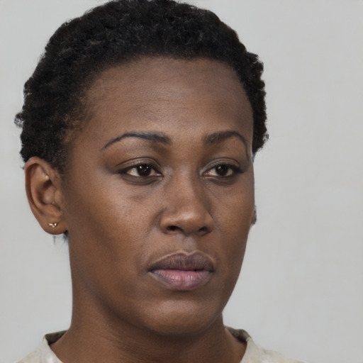 Neutral black young-adult female with short  brown hair and brown eyes