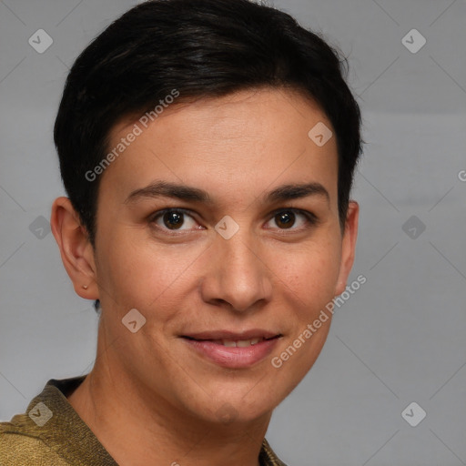 Joyful white young-adult female with short  brown hair and brown eyes