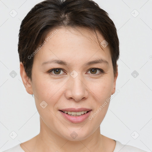 Joyful white young-adult female with short  brown hair and brown eyes