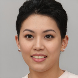 Joyful asian young-adult female with short  brown hair and brown eyes