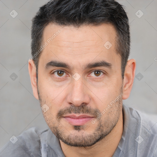 Joyful white adult male with short  brown hair and brown eyes