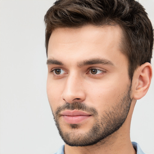 Neutral white young-adult male with short  brown hair and brown eyes