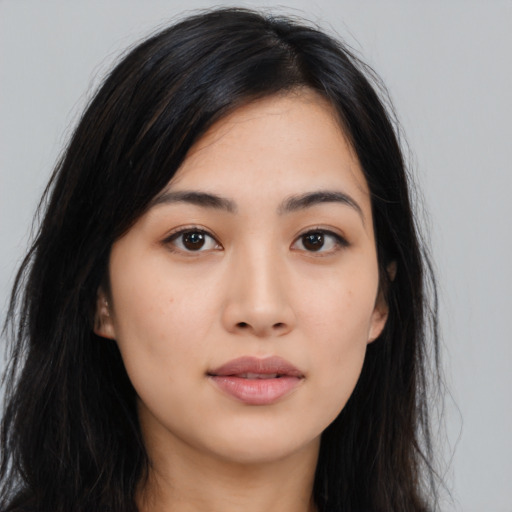 Neutral asian young-adult female with long  black hair and brown eyes