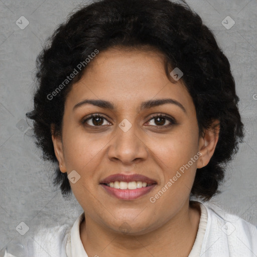 Joyful latino young-adult female with short  brown hair and brown eyes