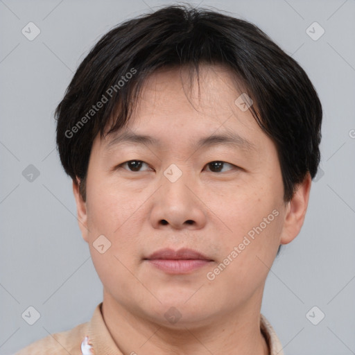 Neutral asian young-adult male with short  brown hair and brown eyes