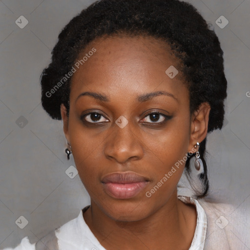 Neutral black young-adult female with short  black hair and brown eyes