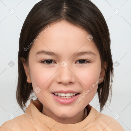 Joyful white child female with medium  brown hair and brown eyes