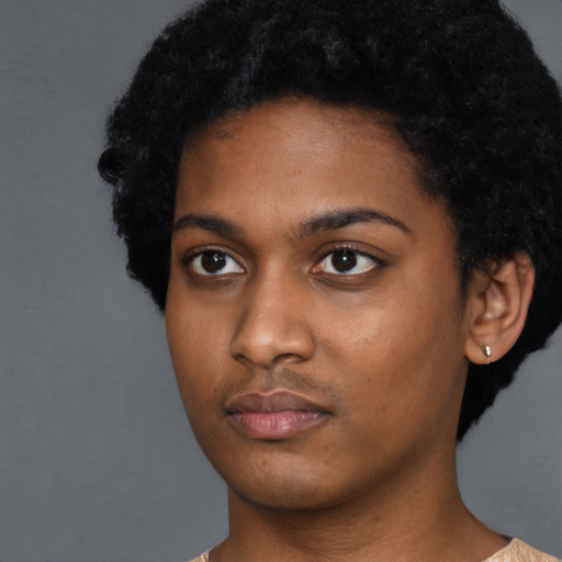 Neutral black young-adult female with short  black hair and brown eyes