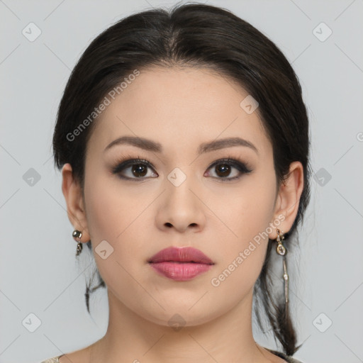 Neutral asian young-adult female with medium  brown hair and brown eyes