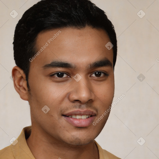 Joyful latino young-adult male with short  brown hair and brown eyes