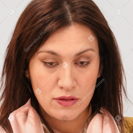 Neutral white young-adult female with long  brown hair and brown eyes