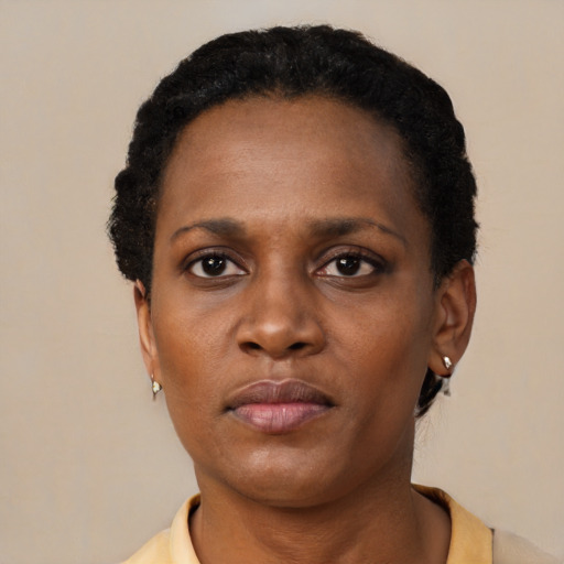 Neutral black young-adult female with short  black hair and brown eyes