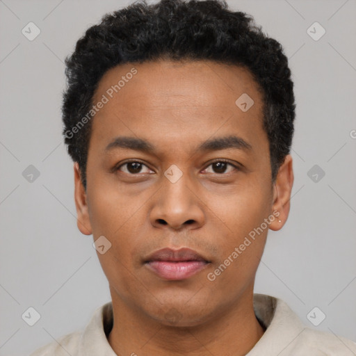 Neutral black young-adult male with short  black hair and brown eyes