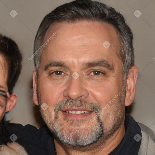 Joyful white middle-aged male with short  brown hair and brown eyes