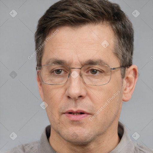 Neutral white adult male with short  brown hair and brown eyes