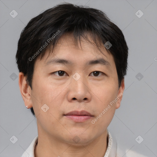 Neutral asian adult male with short  brown hair and brown eyes