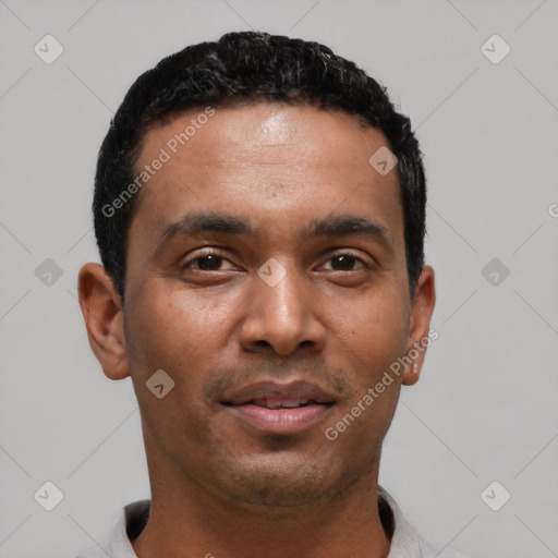 Neutral latino young-adult male with short  black hair and brown eyes