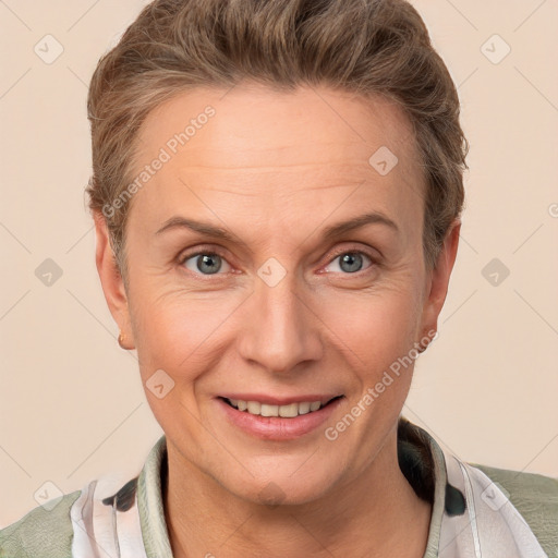 Joyful white adult female with short  brown hair and brown eyes