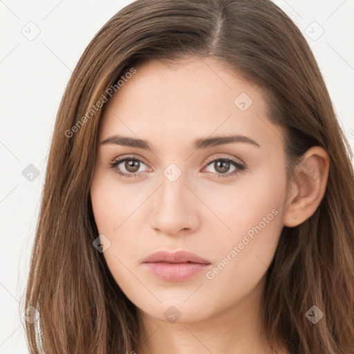 Neutral white young-adult female with long  brown hair and brown eyes