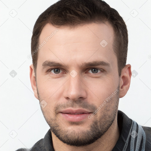 Neutral white young-adult male with short  brown hair and grey eyes