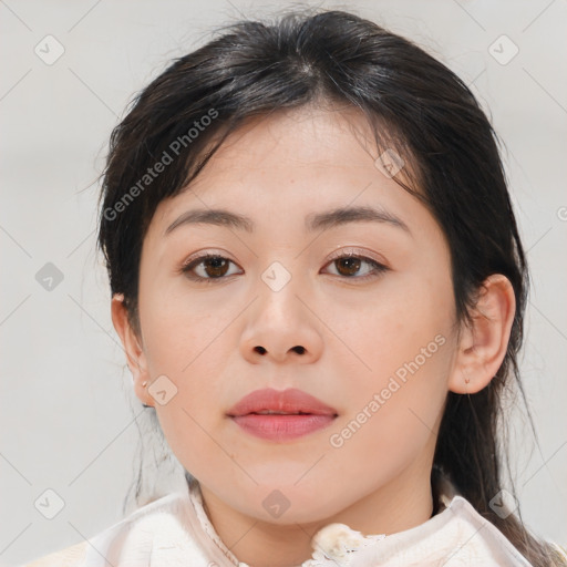 Neutral asian young-adult female with medium  brown hair and brown eyes