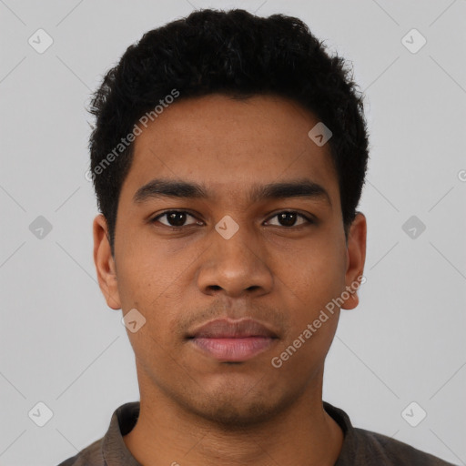 Neutral latino young-adult male with short  black hair and brown eyes
