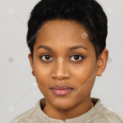 Neutral black young-adult female with short  black hair and brown eyes