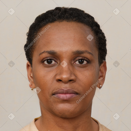 Neutral black young-adult female with short  black hair and brown eyes