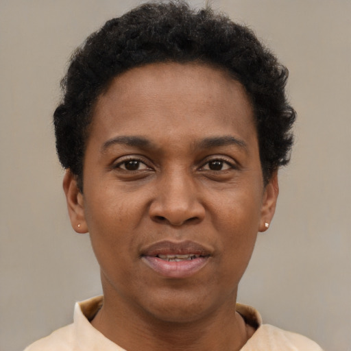 Joyful black adult female with short  brown hair and brown eyes