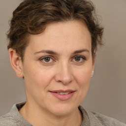 Joyful white adult female with short  brown hair and grey eyes