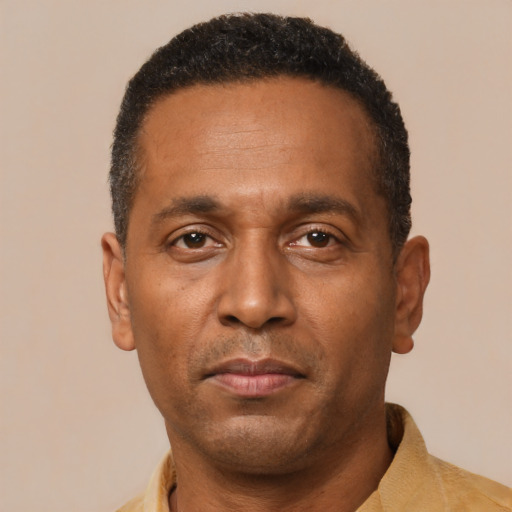 Neutral black adult male with short  brown hair and brown eyes