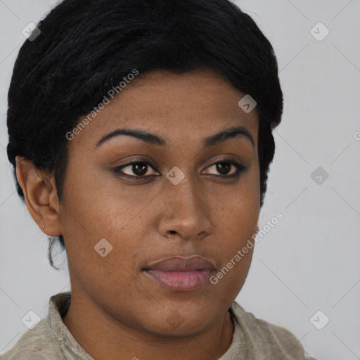 Neutral asian young-adult female with short  brown hair and brown eyes