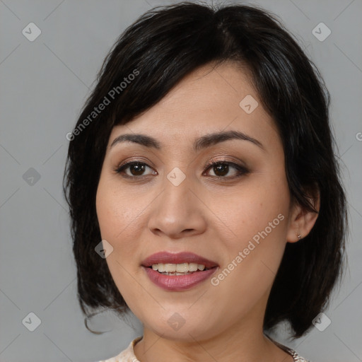 Joyful white young-adult female with medium  brown hair and brown eyes