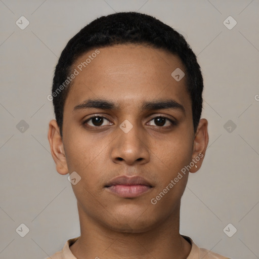 Neutral latino young-adult male with short  black hair and brown eyes