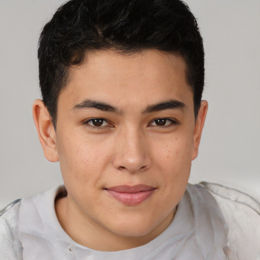 Joyful latino young-adult male with short  brown hair and brown eyes