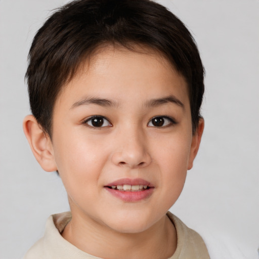 Joyful white child female with short  brown hair and brown eyes